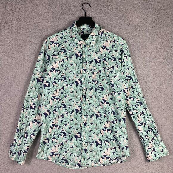 American Eagle Men’s Green Hawaiian Floral Button Down Long Sleeve Shirt M - Picture 3 of 7